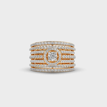 Classic yellow gold statement ring featuring a round lab diamond