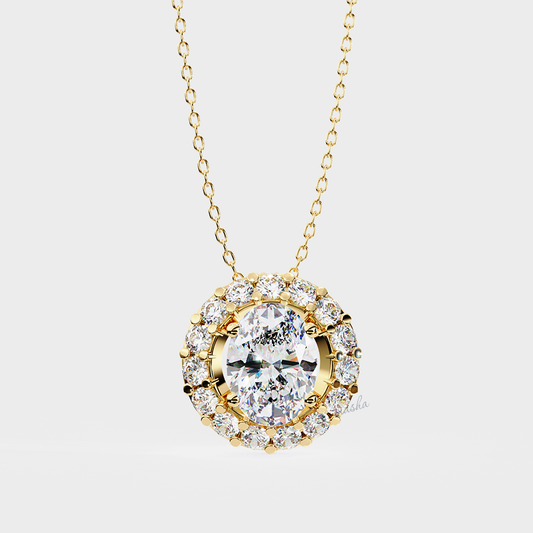 Certified IGI GLI oval & round cut lab grown diamond halo solitaire pendant with chain in yellow gold 9K 14K 18K