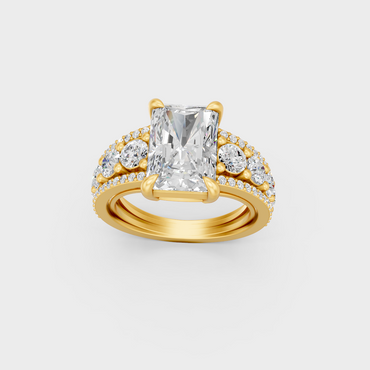 Majestic 7.8 Carat Lab-Grown Diamond Statement Ring featuring radiant and round cuts in 14K Yellow Gold.