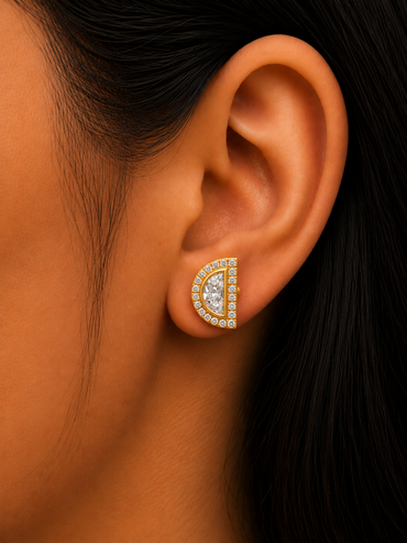 Half Moon And Round Lab-Grown Diamond Stud Earrings In 9K Yellow Gold