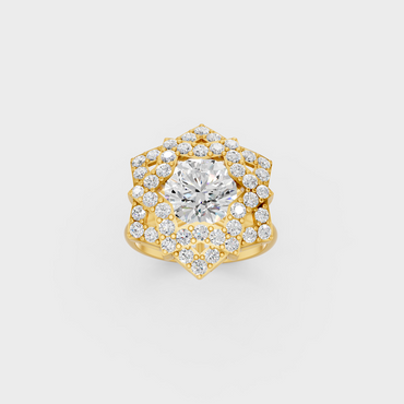 Side profile of an Ethical Luxury Statement Ring showcasing a Round Brilliant Lab Diamond on an 18K Yellow Gold Band.