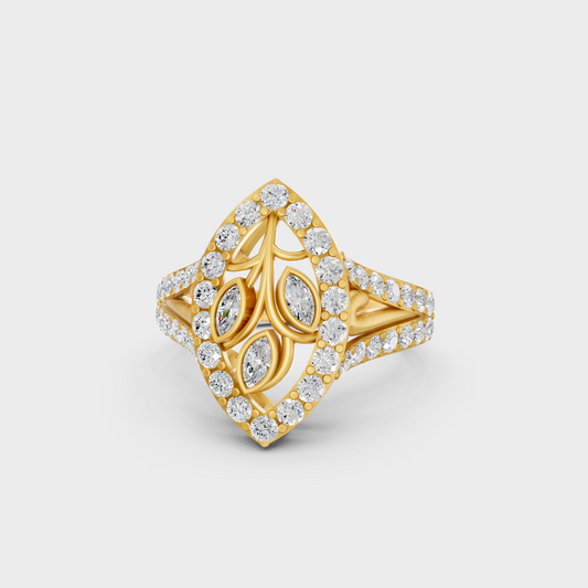 Close-up view of a 0.94 Carat Marquise and Round Cut Lab-Grown Diamond Cocktail Ring in 14K Yellow Gold.