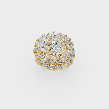 Side profile view of a Marquise, Oval, Pear, and Round Cut Statement Ring resting on an 18K Yellow Gold Band.