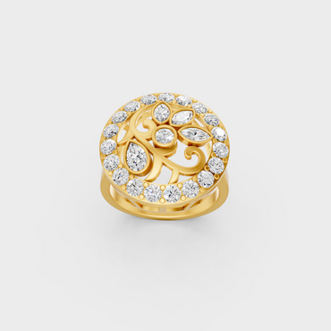 Side profile view of a Marquise, Pear, and Round Cut Statement Ring resting on an 18K Yellow Gold Band.