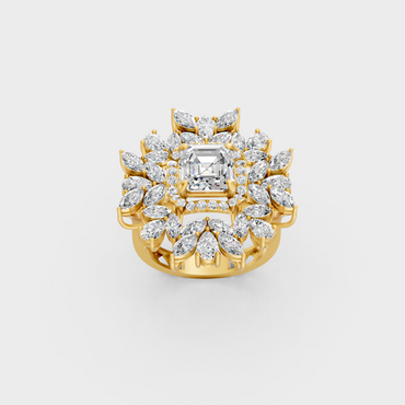 Side profile view of a Marquise, Asscher, Pear, and Round Cut Statement Ring resting on an 18K Yellow Gold Band.