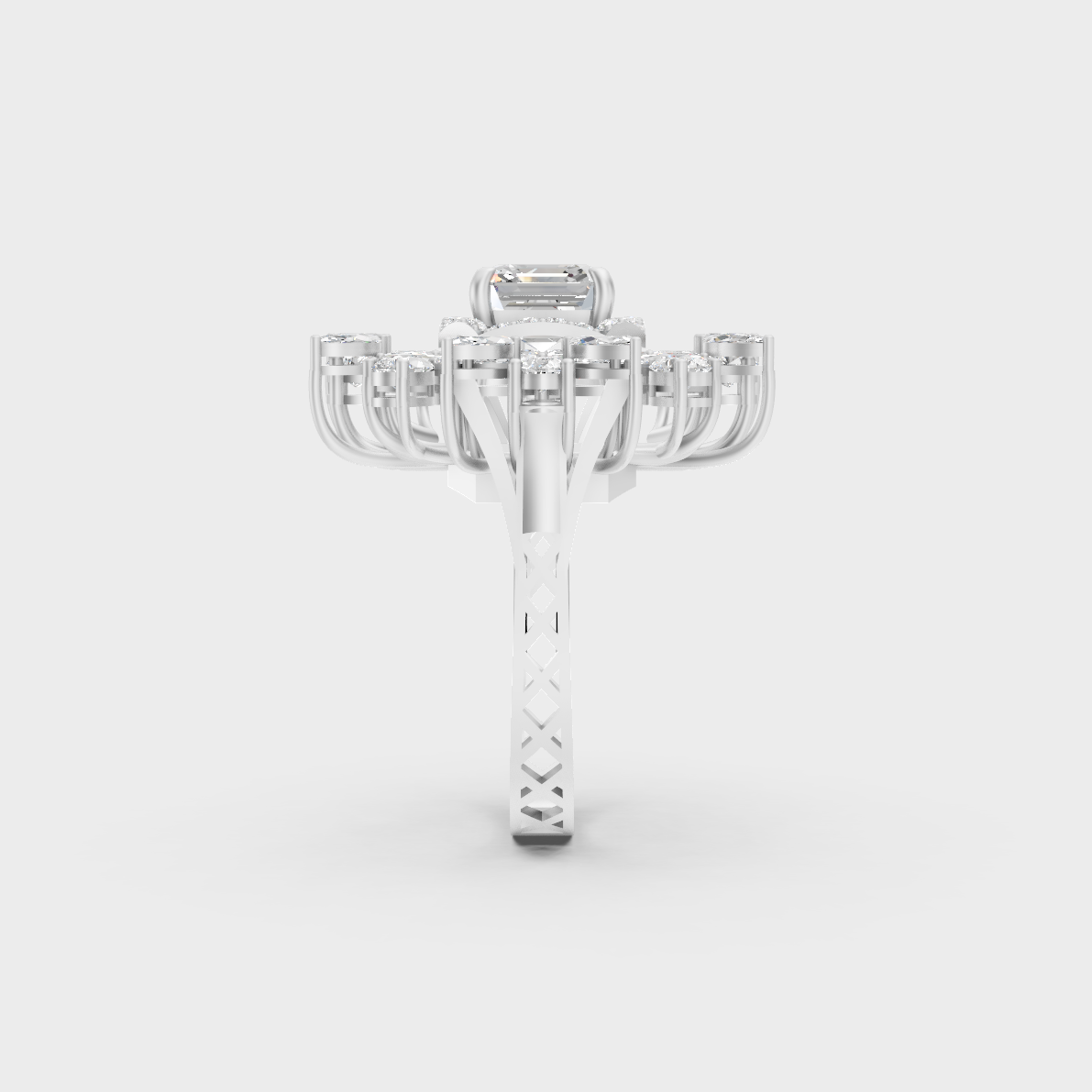 Exquisite prong details securing the Marquise Asscher Pear Round Cut Lab Diamonds on a polished 950 Platinum Band.