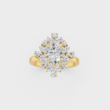 Side profile view of an Ethical Luxury Statement Ring displaying an Oval, Round, and Pear Cut Lab Diamond on an 18K Yellow Gold Band.
