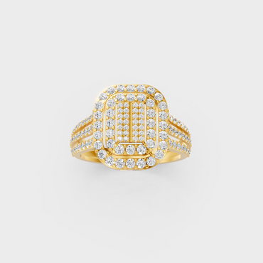 Side profile of an Ethical Luxury Statement Ring showcasing a Round Brilliant Lab Diamond on an 18K Yellow Gold Band.