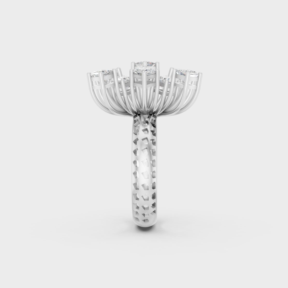Exquisite prong details securing a massive Princess Cut Lab Diamond on a polished 950 Platinum Band.