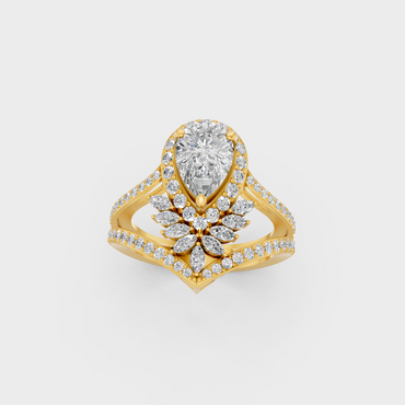 Side profile view of a Marquise, Pear, and Round Cut Statement Ring resting on an 18K Yellow Gold Band.