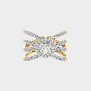 Classic yellow gold statement ring featuring a round lab diamond