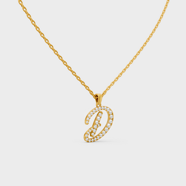 Close Up of Initial Letter D Sustainable Diamond Pendant and 18K Yellow Gold Chain