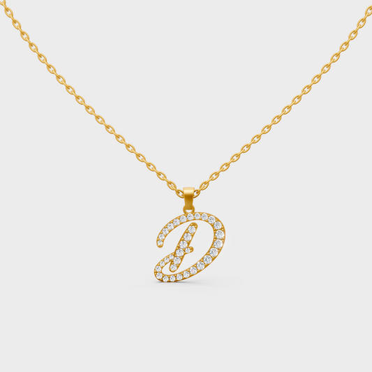 Front View of "D" Alphabet Lab Grown Diamond Pendant with Matching Yellow Gold Chain