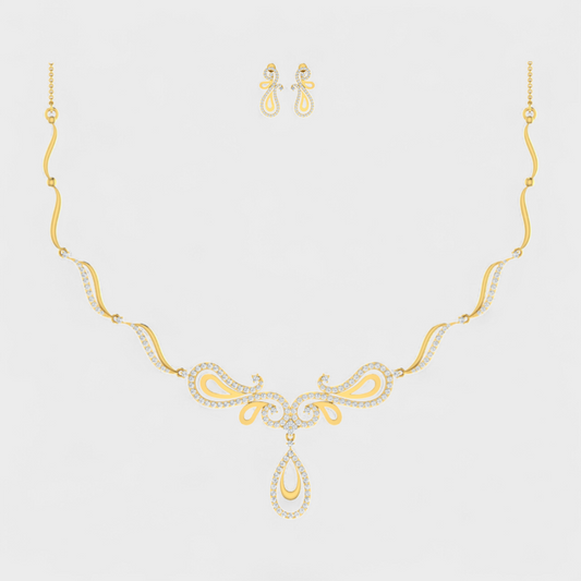 Lab-Grown Round Cut Diamond Necklace Set with earring in Yellow Gold Luxury Jewellery