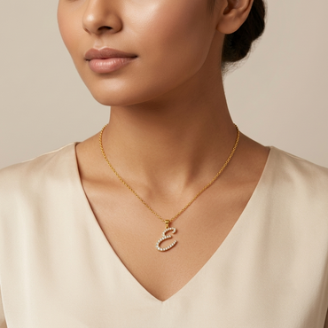 Shop our custom "E" Alphabet Lab Grown Diamond Pendant with Chain. Available in 9K, 14K, 18K Yellow, White, Rose Gold & 950 Platinum. Ethical luxury worldwide.