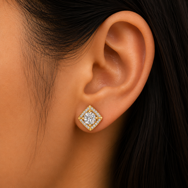14K Yellow Gold Halo Round Diamond Stud Earrings