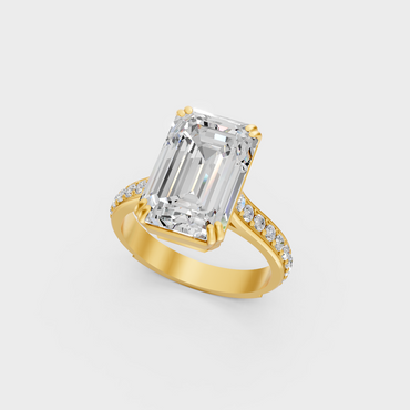 Majestic 6 Ct Emerald Lab-Grown Diamond Engagement Ring with side accents in a polished 14K Yellow Gold setting.