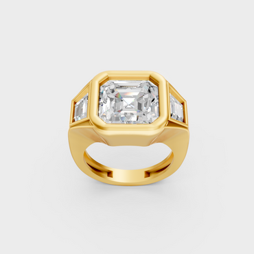 Majestic 7 Ct Asscher and Baguette Lab-Grown Diamond Men's Statement Ring in a polished 14K Yellow Gold setting.