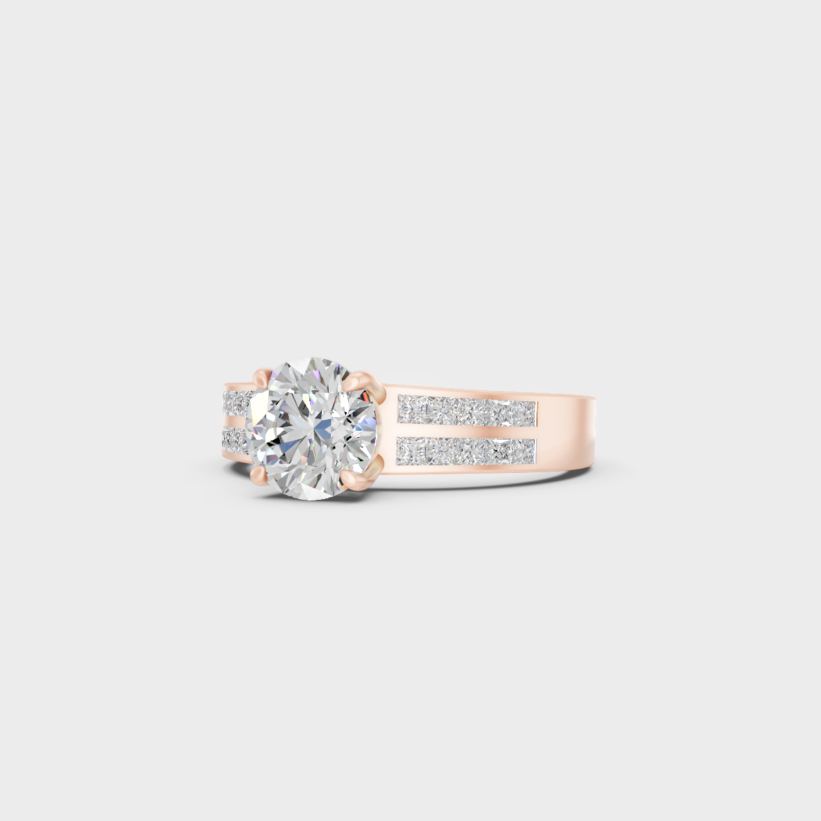 Distinctive 2.6 Carat Round and Princess-Cut Lab-Grown Diamond Solitaire with Accents Ring in 18K Rose Gold.