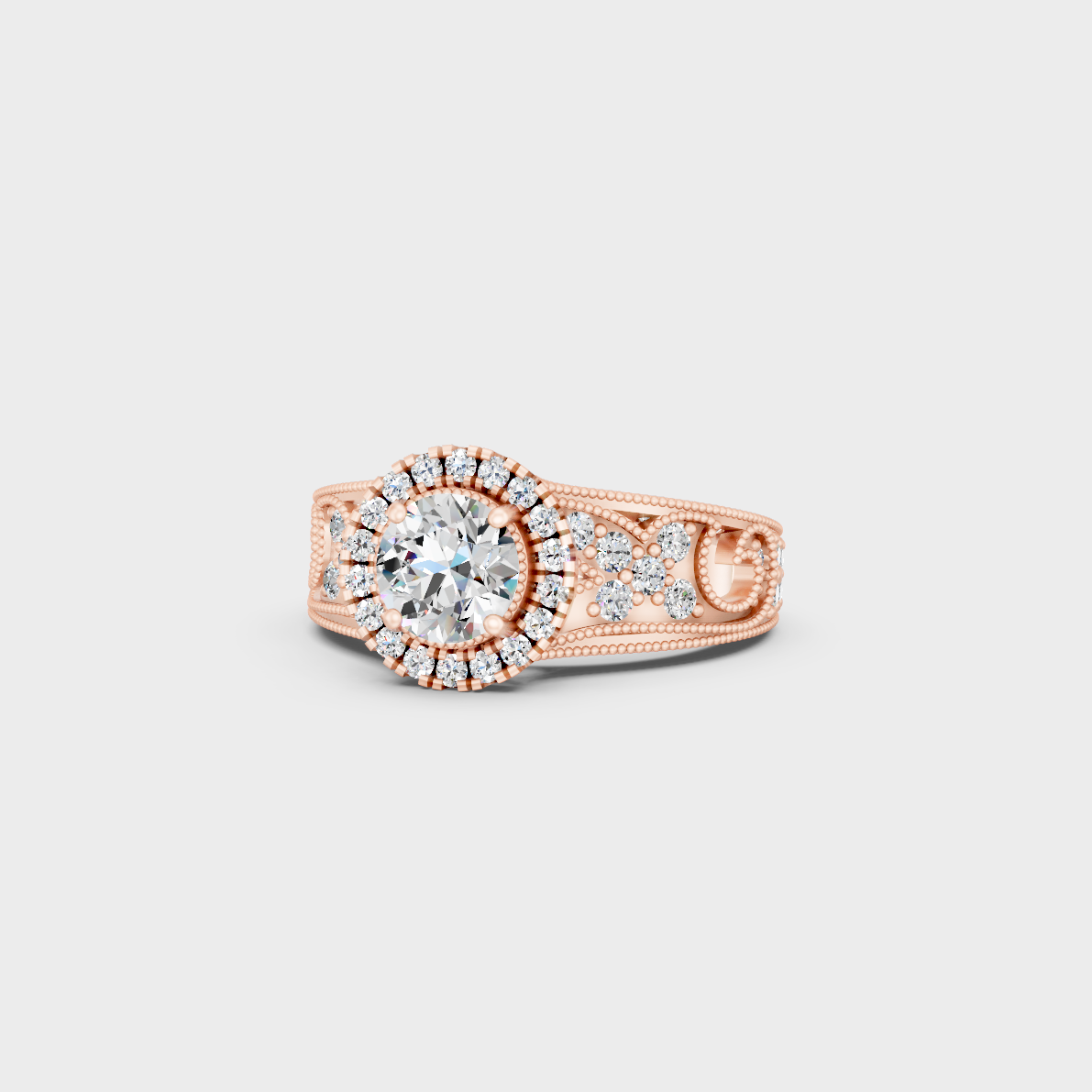 Distinctive 1.64 Carat Round-Cut Lab-Grown Diamond Solitaire with Accents Ring in 18K Rose Gold.