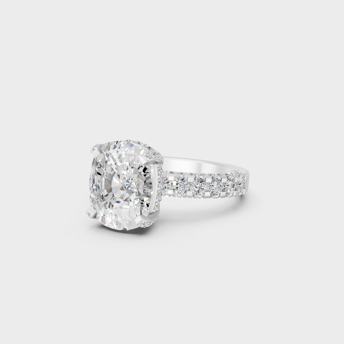 8.15 carat cushion and round cut lab grown diamond solitaire ring in classic white gold and platinum