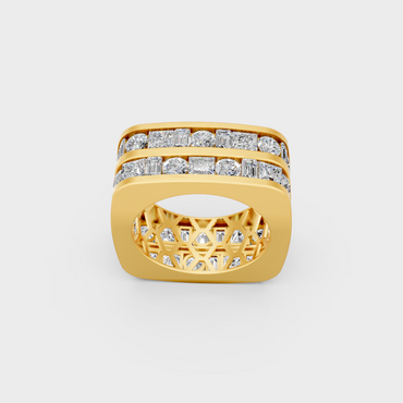 Close up detail of round and baguette cut lab diamonds set across yellow gold mens ring band