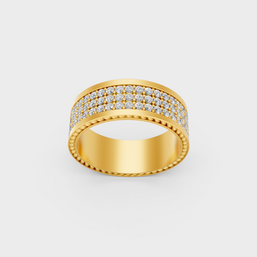 Close up detail of round brilliant lab diamonds set across yellow gold mens ring band