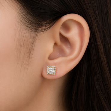 14K Yellow Gold Princess Round Diamond Halo Earrings