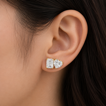 Toi-Et-Moi Emerald And Heart Lab-Grown Diamond Stud Earrings In 9K Yellow Gold
