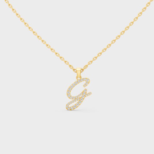 Front View of "G" Alphabet Lab Grown Diamond Pendant with Matching Yellow Gold Chain