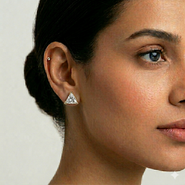 Certified 1.30 ct total triangle-cut lab-grown diamond earrings (0.65 ct each), available in 9K, 14K, 18K yellow, rose, and white gold, and 950 platinum—ethical modern luxury diamond stud earrings.