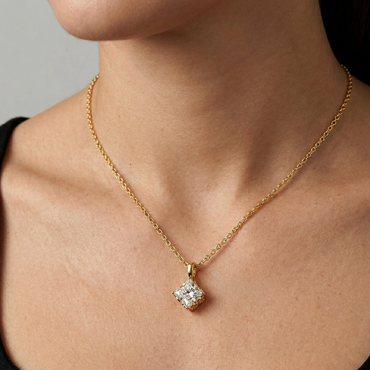 18K Yellow Gold Solitaire Pendant Featuring A Sharp Princess-Cut Diamond