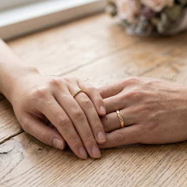 Yellow Gold Women’s Lab-Grown Diamond Ring with Men’s Plain Band