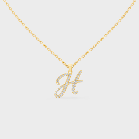 Front View of "H" Alphabet Lab Grown Diamond Pendant with Matching Yellow Gold Chain