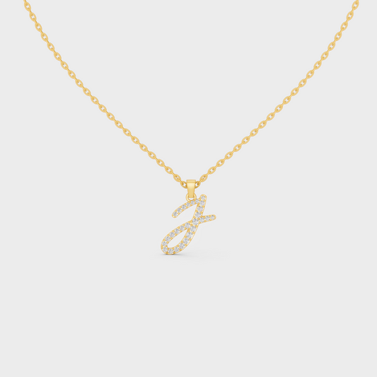 Front View of "J" Alphabet Lab Grown Diamond Pendant with Matching Yellow Gold Chain