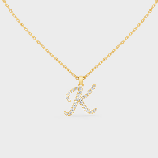 Front View of "K" Alphabet Lab Grown Diamond Pendant with Matching Yellow Gold Chain