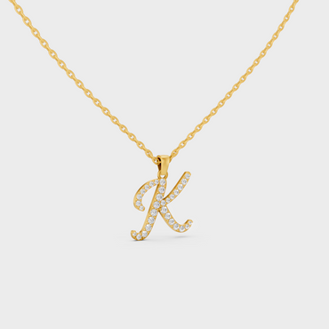 Close Up of Initial Letter K Sustainable Diamond Pendant and 18K Yellow Gold Chain