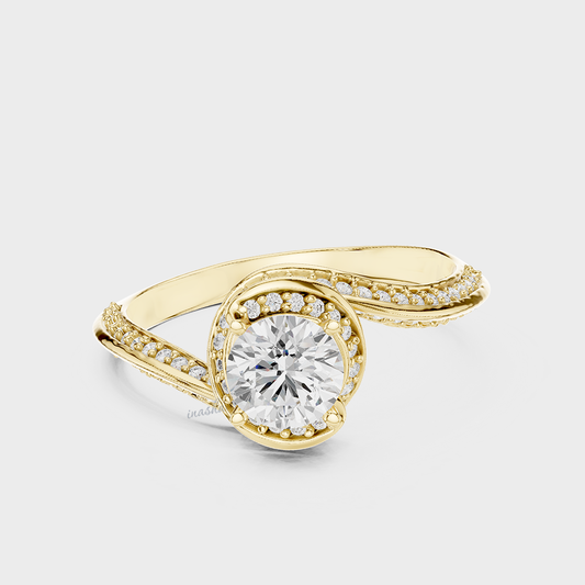Yellow Gold Engagement Halo Ring Round Cut Lab-Grown Diamond