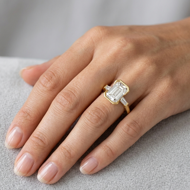 Emerald Baguette Diamond Three Stone Ring In 14K Yellow Gold