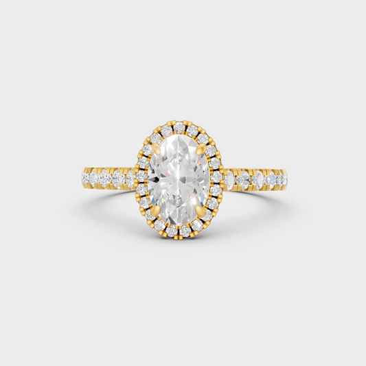 Luxury Oval Halo Diamond Ring In Yellow Gold With Round Accents