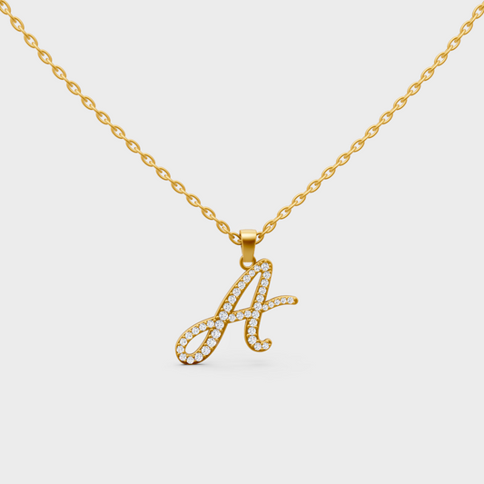 Front View of "A" Alphabet Lab Grown Diamond Pendant in 14K Yellow Gold Link Chain