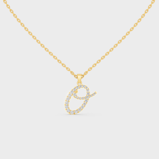 Front View of "O" Alphabet Lab Grown Diamond Pendant with Matching Yellow Gold Chain