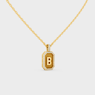Macro Detail of Sustainable Letter B Diamond Initial Charm Set in 14K Yellow Gold