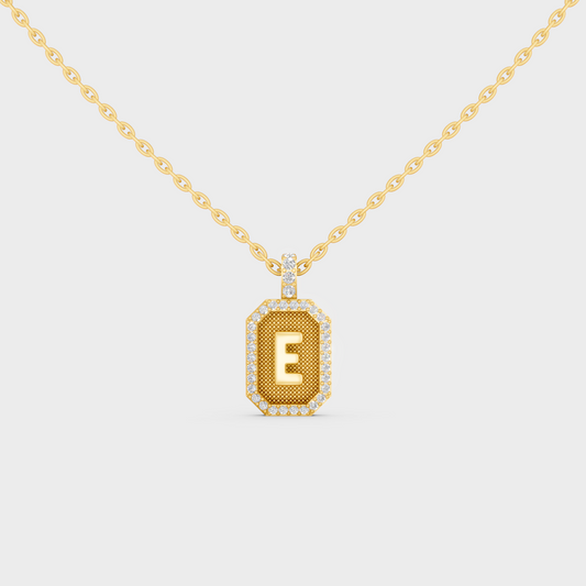 Front View of "E" Alphabet Lab Grown Diamond Pendant Cast in 18K Yellow Gold