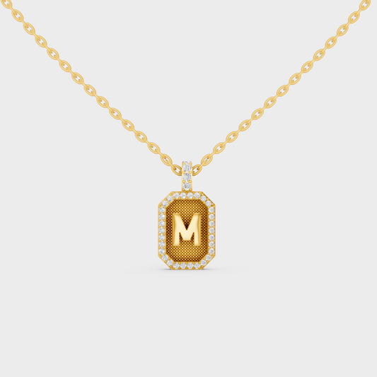 Front View of "M" Alphabet Lab Grown Diamond Pendant Cast in 18K Yellow Gold