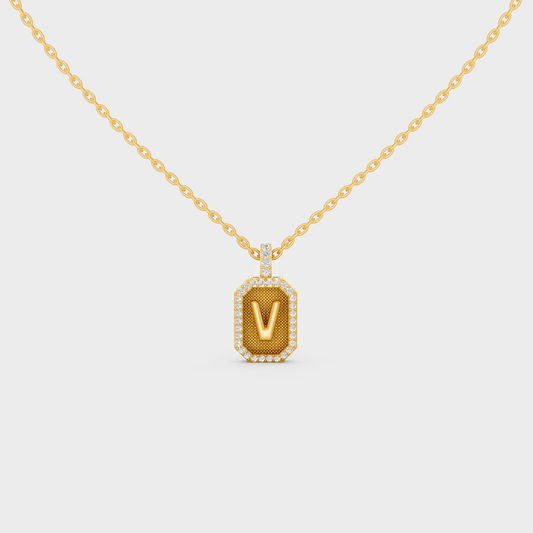 Front View of "V" Alphabet Lab Grown Diamond Pendant Cast in 18K Yellow Gold