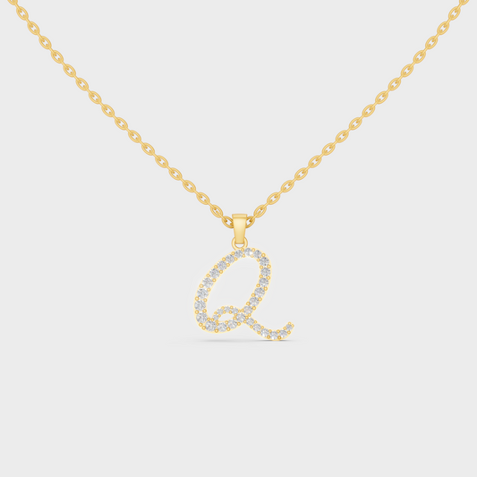 Front View of "Q" Alphabet Lab Grown Diamond Pendant with Matching Yellow Gold Chain