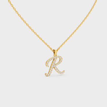 Close Up of Initial Letter R Sustainable Diamond Pendant and 18K Yellow Gold Chain