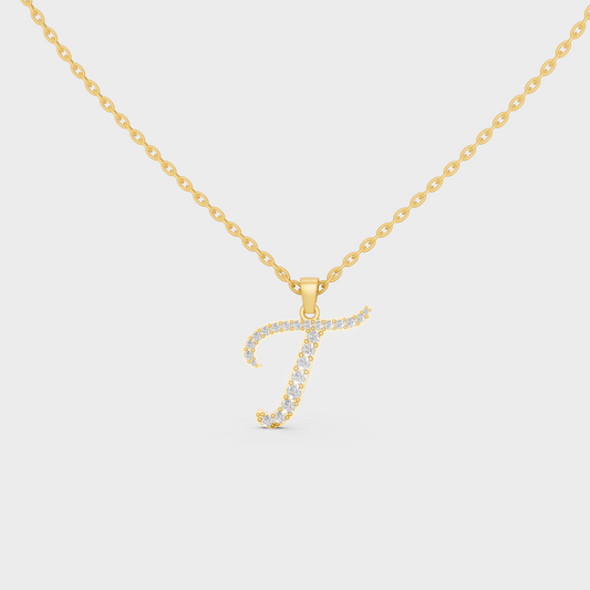 Front View of "T" Alphabet Lab Grown Diamond Pendant with Matching Yellow Gold Chain