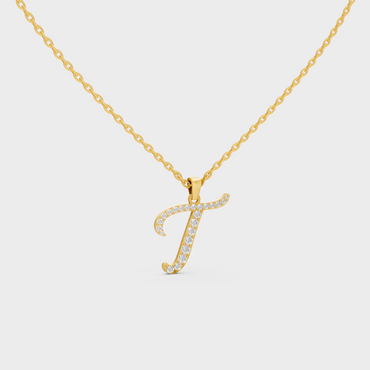 Close Up of Initial Letter T Sustainable Diamond Pendant and 18K Yellow Gold Chain